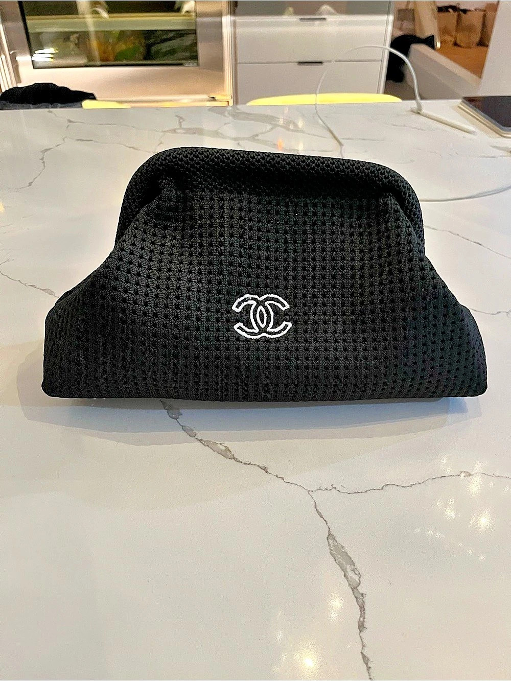 CC Black Mesh make up or CC Logo Clutch with Chain